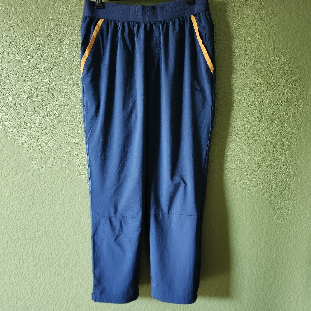 PUMA Men's L Joggers in Blue with Yellow Stripes